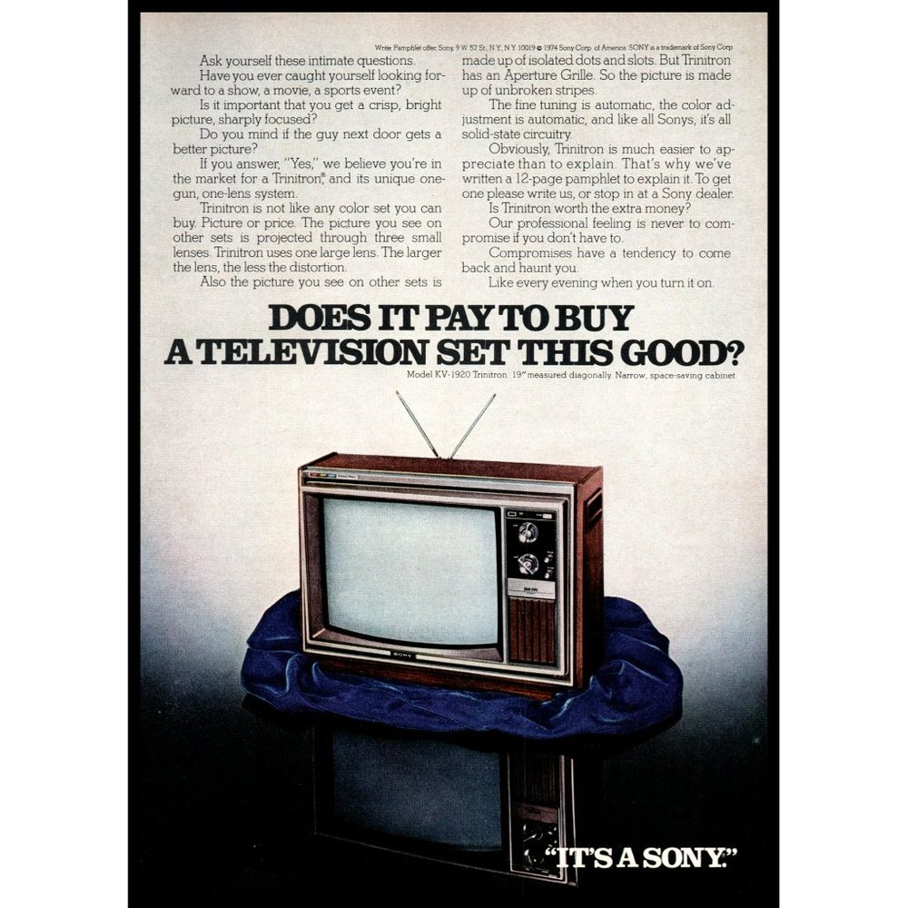 1974 Sony Trinitron KV-1920 Color TV Vintage Print Ad Television Set Wall Art